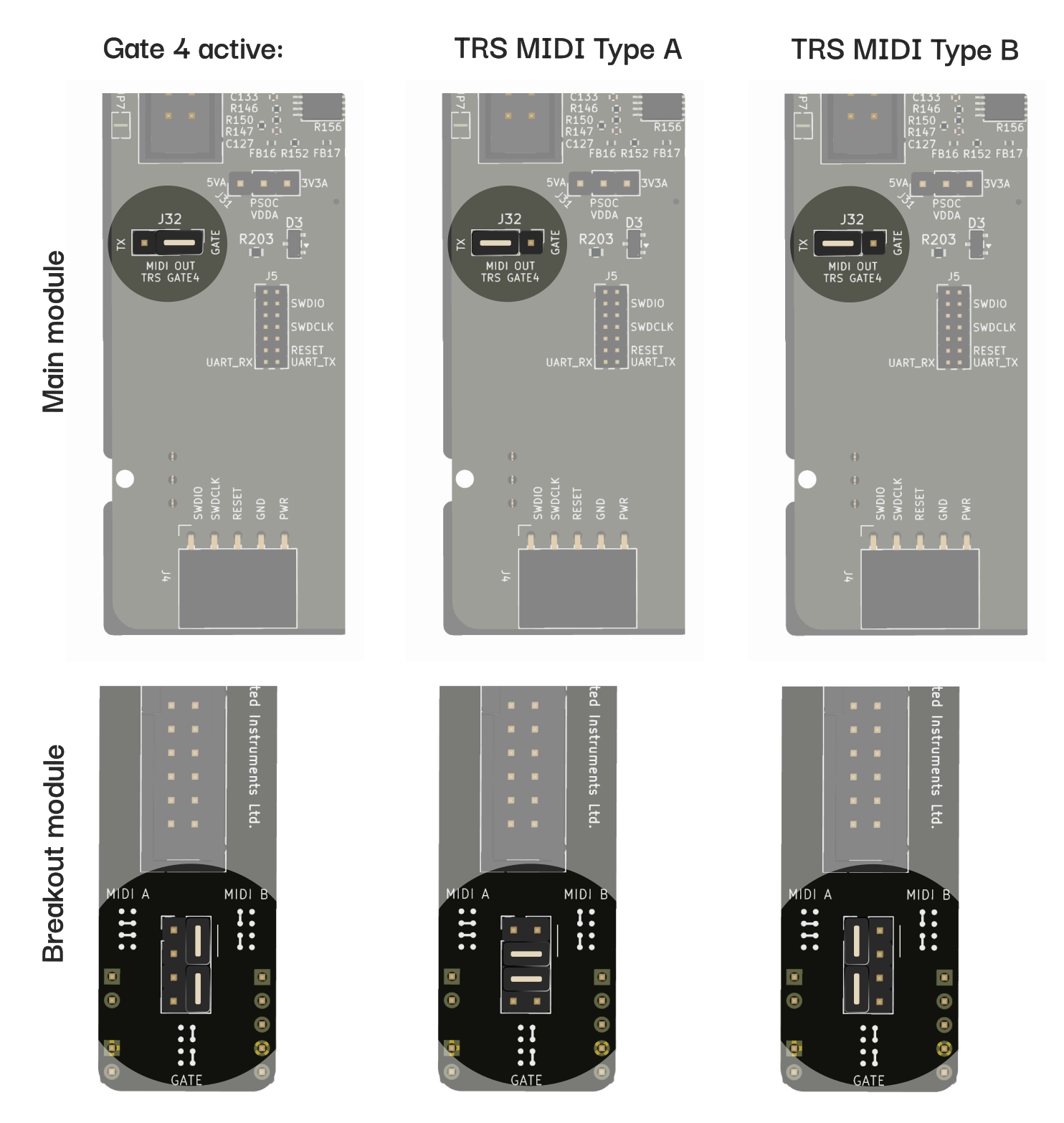 Rear-panel jumper positions for the TRS MIDI output