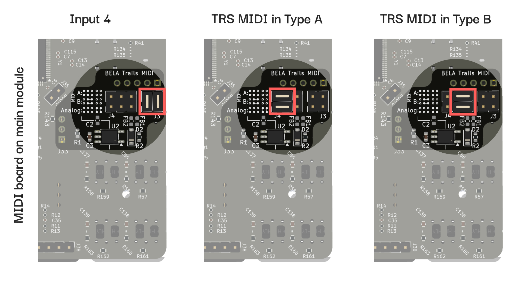 Rear-panel jumper positions for the TRS MIDI input